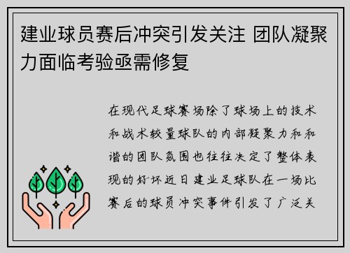 建业球员赛后冲突引发关注 团队凝聚力面临考验亟需修复