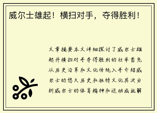 威尔士雄起！横扫对手，夺得胜利！